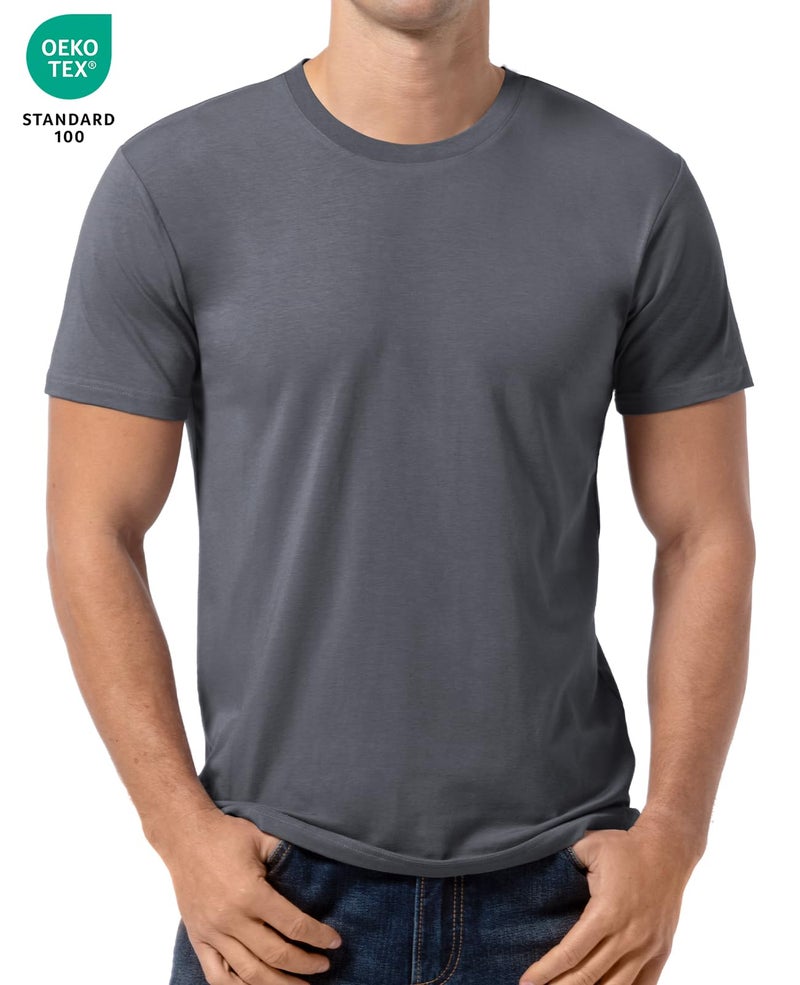 QUALFORT Men's Ultra Soft Cotton Blend T-Shirt Classic Fit Lightweight Cooling Short Sleeve Casual Basic Shirt Dark Grey Medium - Image 2